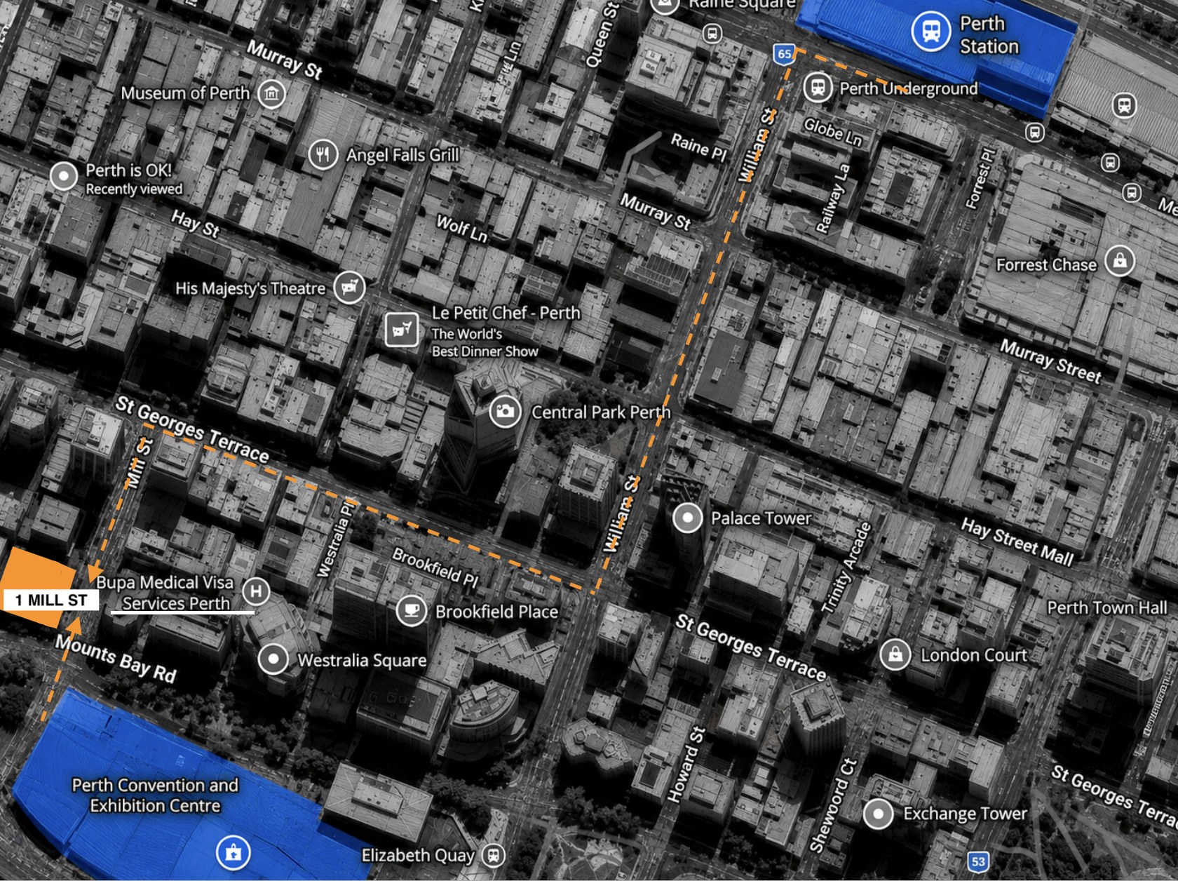 Map showing routes to 1 Mill St from Perth Convention Centre and Perth Underground